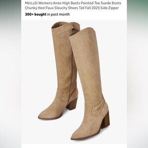 Women's Suede Knee-High Heeled Boots - Tan
